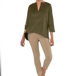 Gretchen Scott Olive Ultrasuede Swing Tunic Top XS Faux Suede Boho Preppy